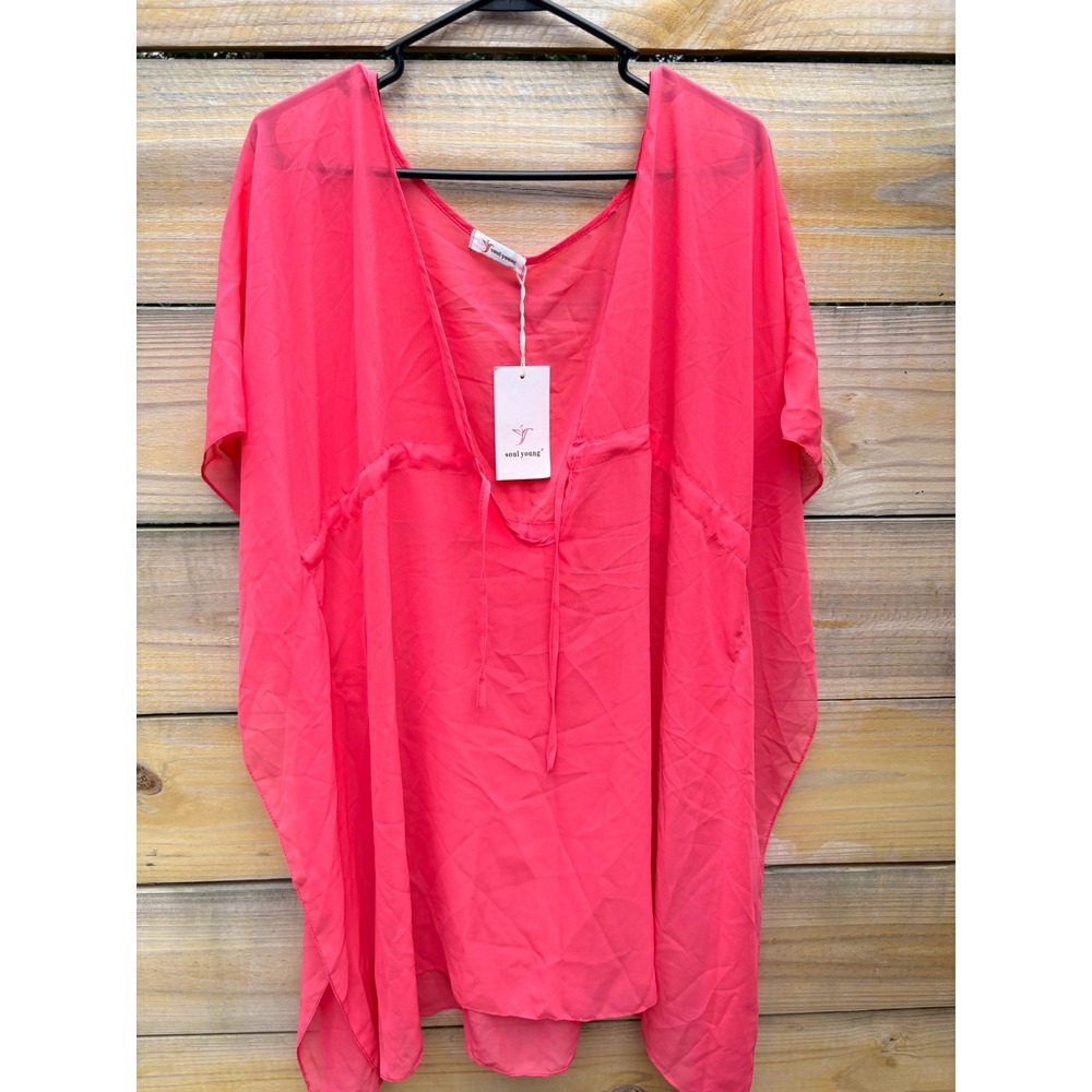 Soul Young Hot Pink Chiffon Swim Cover Up Kaftan V-Neck Tie Tunic NWT
